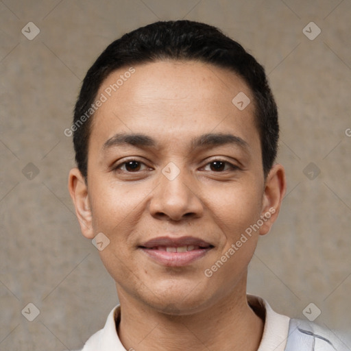 Joyful latino young-adult male with short  black hair and brown eyes