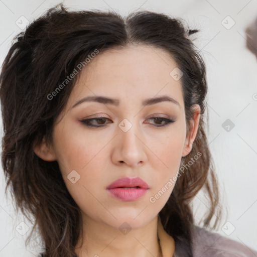 Neutral white young-adult female with long  brown hair and brown eyes