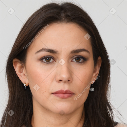 Neutral white young-adult female with long  brown hair and brown eyes