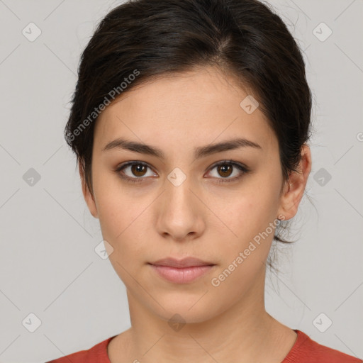 Neutral white young-adult female with short  brown hair and brown eyes