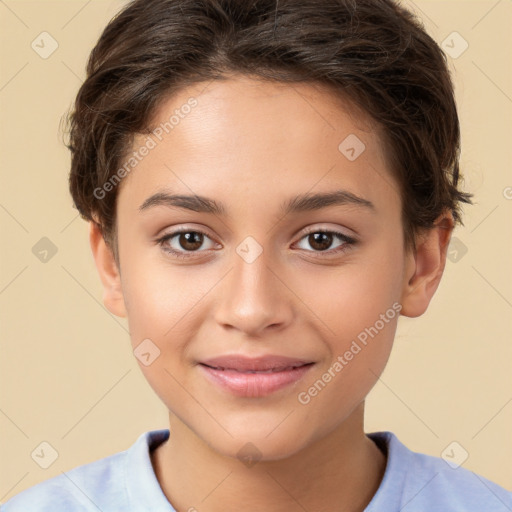 Joyful white child female with short  brown hair and brown eyes