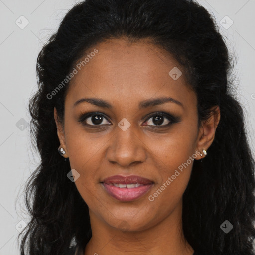 Joyful black young-adult female with long  brown hair and brown eyes