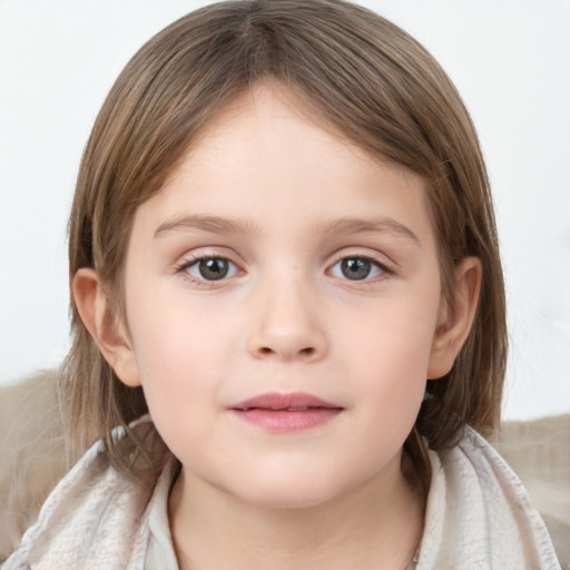 Neutral white child female with medium  brown hair and grey eyes