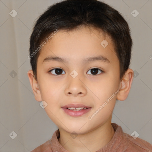 Joyful white child male with short  brown hair and brown eyes