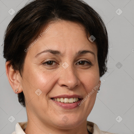 Joyful white adult female with medium  brown hair and brown eyes