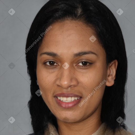 Joyful latino young-adult female with long  black hair and brown eyes