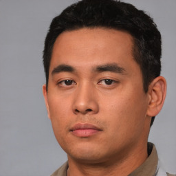 Neutral asian young-adult male with short  black hair and brown eyes