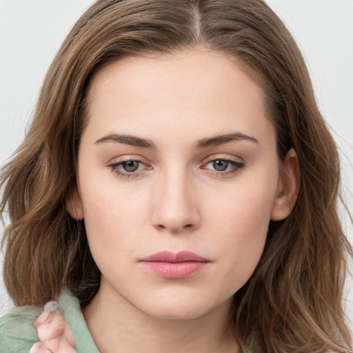 Neutral white young-adult female with long  brown hair and grey eyes