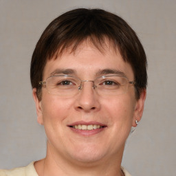 Joyful white adult male with short  brown hair and grey eyes