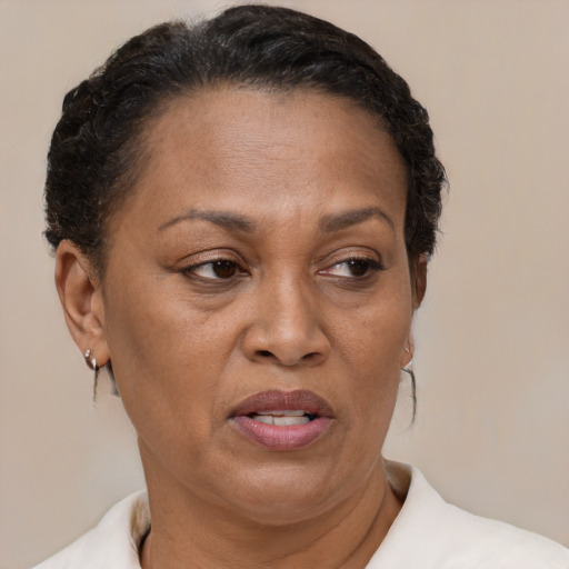 Joyful black adult female with short  brown hair and brown eyes