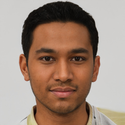Neutral latino young-adult male with short  black hair and brown eyes