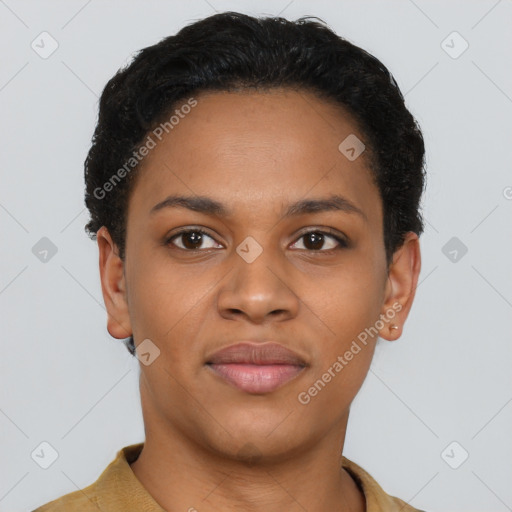 Joyful black young-adult female with short  black hair and brown eyes