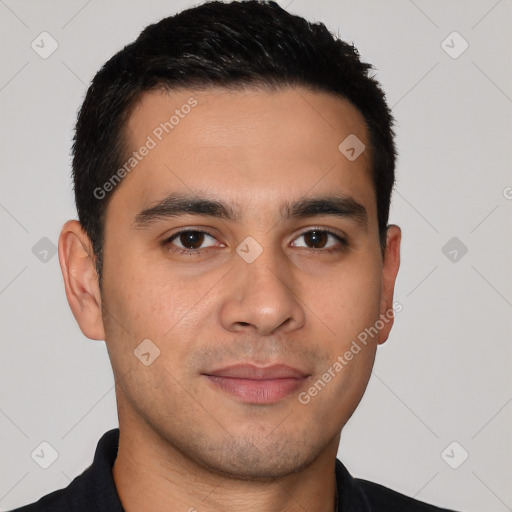 Joyful white young-adult male with short  black hair and brown eyes