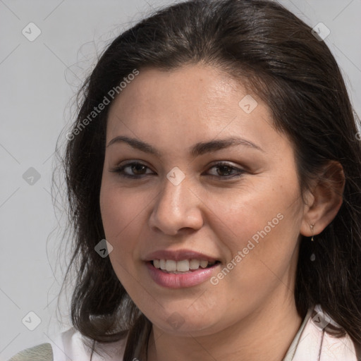 Joyful white young-adult female with medium  brown hair and brown eyes