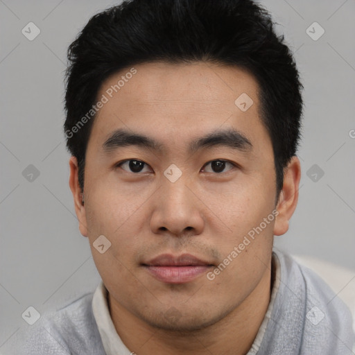 Neutral asian young-adult male with short  black hair and brown eyes