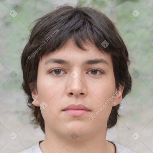 Neutral white young-adult female with medium  brown hair and brown eyes