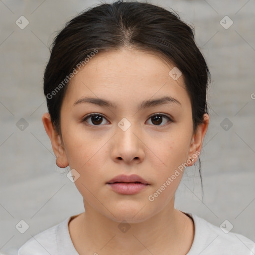 Neutral white young-adult female with short  brown hair and brown eyes