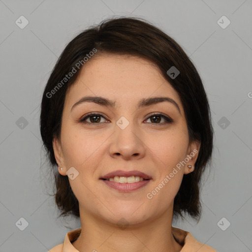 Joyful white young-adult female with medium  brown hair and brown eyes