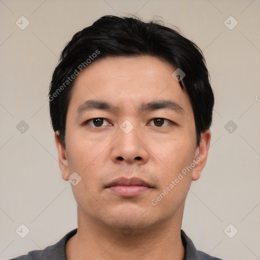 Neutral asian young-adult male with short  black hair and brown eyes