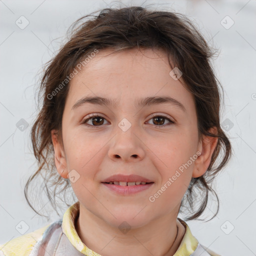 Joyful white child female with medium  brown hair and brown eyes