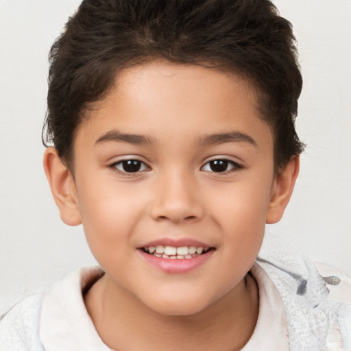 Joyful white child female with short  brown hair and brown eyes