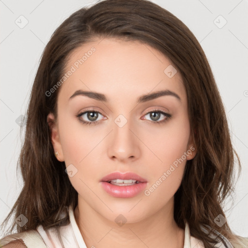 Neutral white young-adult female with medium  brown hair and brown eyes