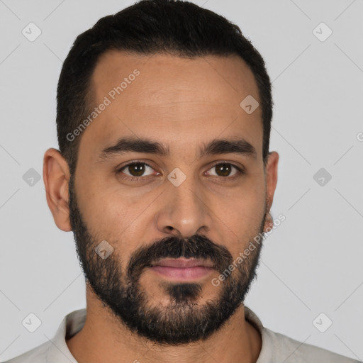 Neutral latino young-adult male with short  black hair and brown eyes