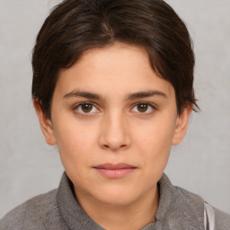 Neutral white young-adult female with short  brown hair and brown eyes