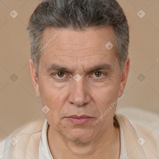 Neutral white middle-aged male with short  brown hair and brown eyes