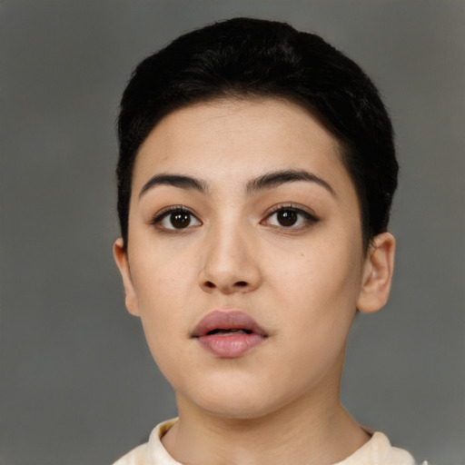 Neutral latino young-adult female with short  black hair and brown eyes
