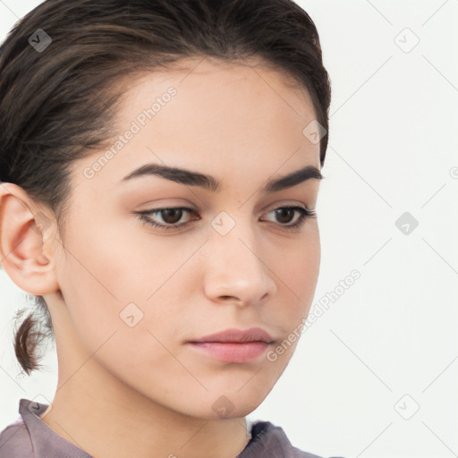 Neutral white young-adult female with medium  brown hair and brown eyes