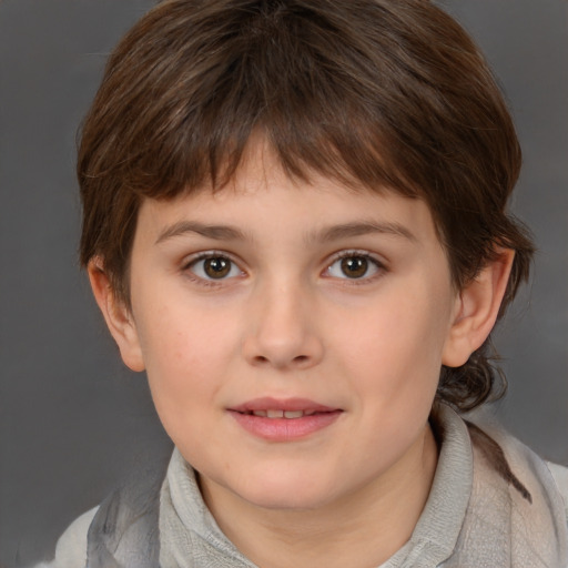 Joyful white child female with medium  brown hair and brown eyes