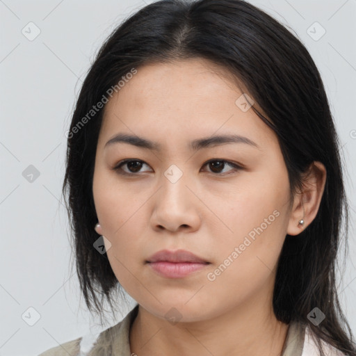 Neutral asian young-adult female with long  brown hair and brown eyes