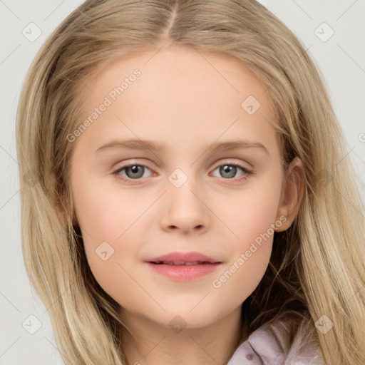 Neutral white child female with long  brown hair and blue eyes