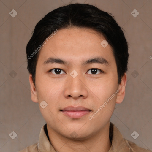 Neutral asian young-adult male with short  brown hair and brown eyes