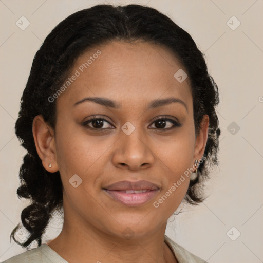 Joyful black young-adult female with medium  brown hair and brown eyes