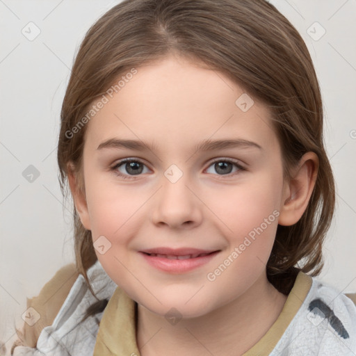 Joyful white child female with medium  brown hair and brown eyes