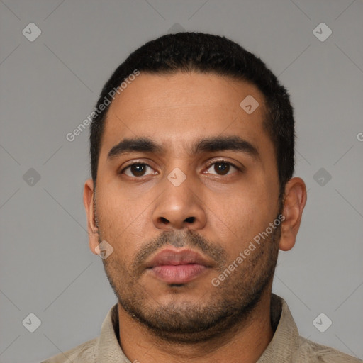 Neutral latino young-adult male with short  black hair and brown eyes