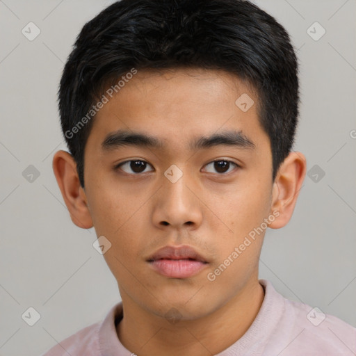 Neutral asian young-adult male with short  brown hair and brown eyes