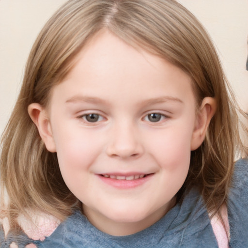 Joyful white child female with medium  brown hair and grey eyes