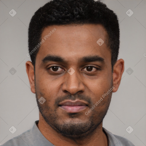 Neutral black young-adult male with short  black hair and brown eyes