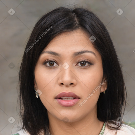 Neutral asian young-adult female with medium  brown hair and brown eyes