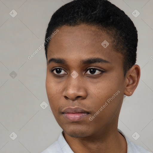 Neutral black young-adult male with short  black hair and brown eyes