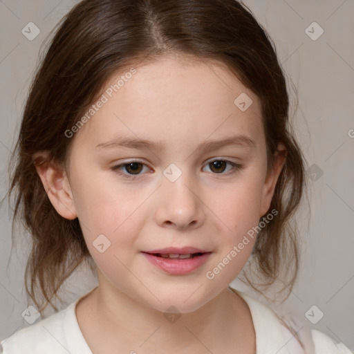 Joyful white child female with medium  brown hair and brown eyes