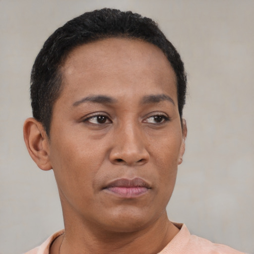Neutral latino young-adult female with short  black hair and brown eyes