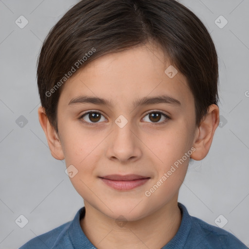 Joyful white child female with short  brown hair and brown eyes