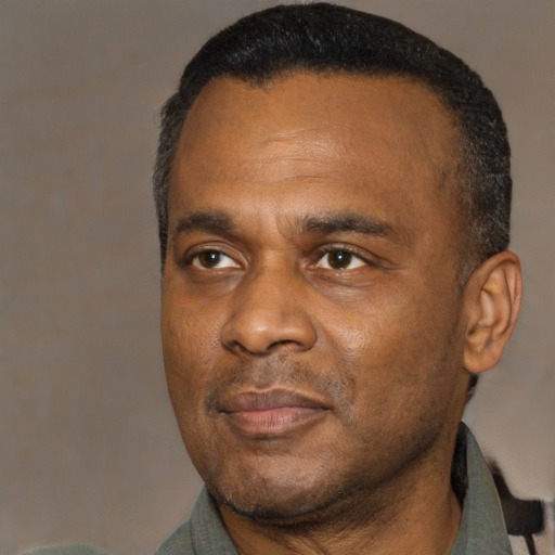 Joyful black adult male with short  black hair and brown eyes