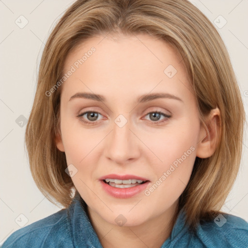 Joyful white young-adult female with medium  brown hair and blue eyes