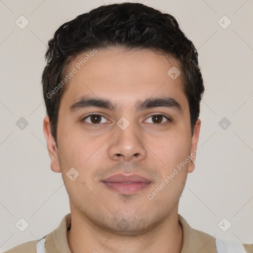 Neutral latino young-adult male with short  brown hair and brown eyes