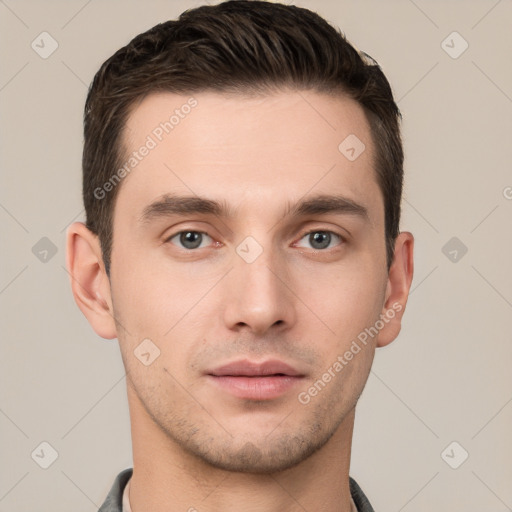 Neutral white young-adult male with short  brown hair and brown eyes